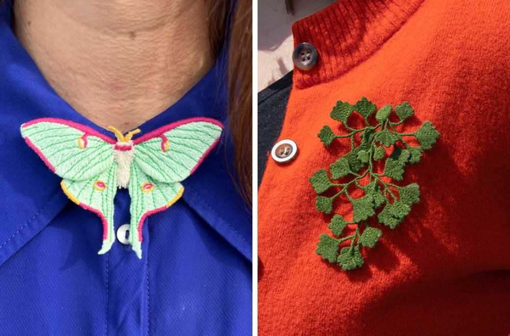 Geborduurde broches van Botanopia met bloemen vlinders en varens